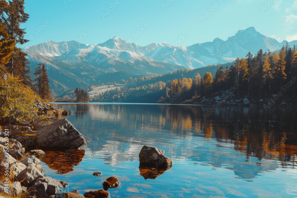 Poster tranquil scene of a lake surrounded by trees and mountains. suitable for travel brochures