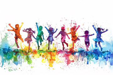 Silhouette of a row of children jumping with colorful paint splashes