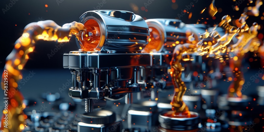 Poster slick precision: glistening oil cascades over mechanical gears, ensuring smooth operation and preser