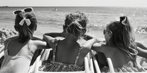Three girls sitting in a row boat on the beach. Suitable for travel and leisure concepts