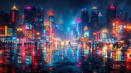 Cityscape painting with neonlit skyscrapers reflecting in water at midnight