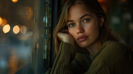 Woman gazing out a window at night, suitable for various concepts