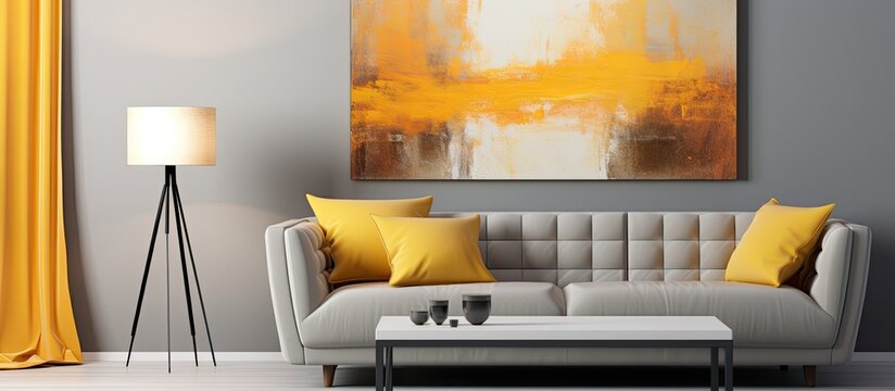 A painting hangs above the couch in the living room, adding a splash of color to the rooms decor. The hardwood floor and warm lighting complement the artwork
