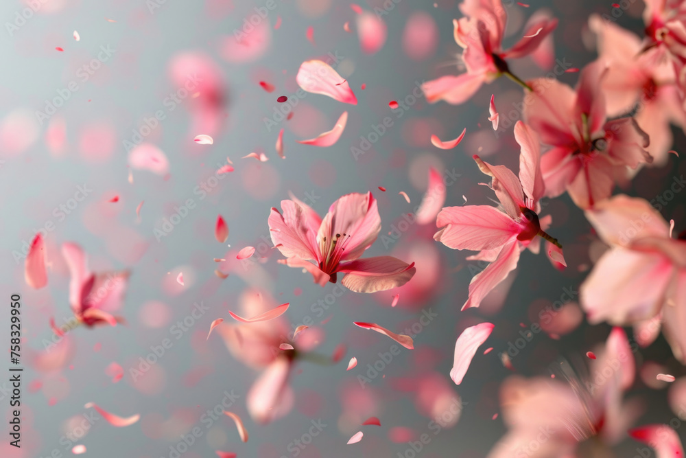 Poster pink flowers floating in the air, suitable for spring concepts