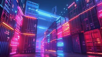 Futuristic digital cargo containers glowing in neon lights, high-tech shipping logistics network. Modern technology illustration banner with copy space, transportation industry, global trade concept