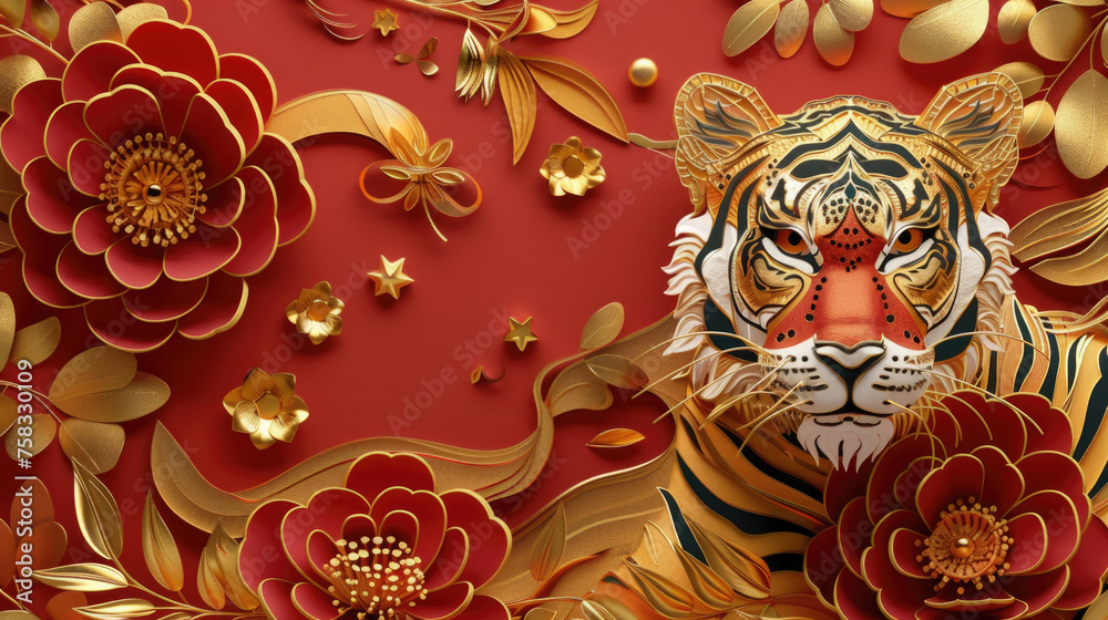 Poster Paper cut of a tiger surrounded by colorful flowers. Suitable for various craft projects