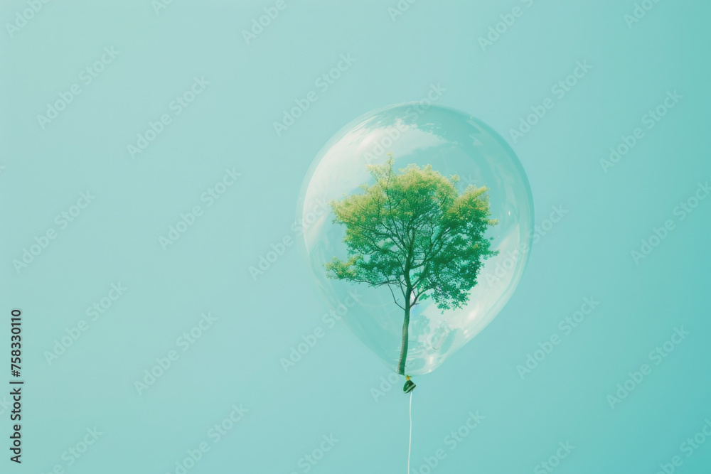 Poster A tree enclosed in a transparent bubble, floating in the sky. Suitable for various creative concepts