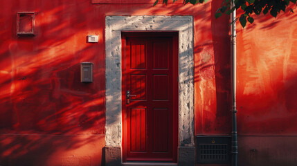 Red door on a red building, suitable for real estate concepts