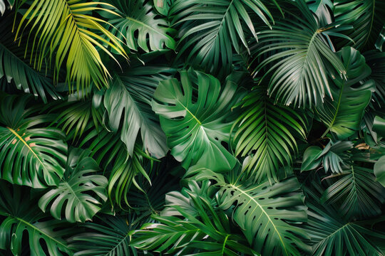 Fototapeta Vibrant green tropical leaves displayed on a wall. Perfect for nature or tropical themed designs