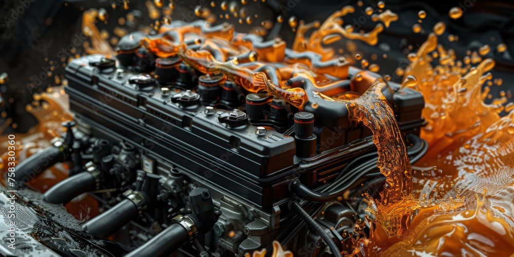 Poster machinery in motion: a close-up of engine oil providing lubrication and precision to the intricate m
