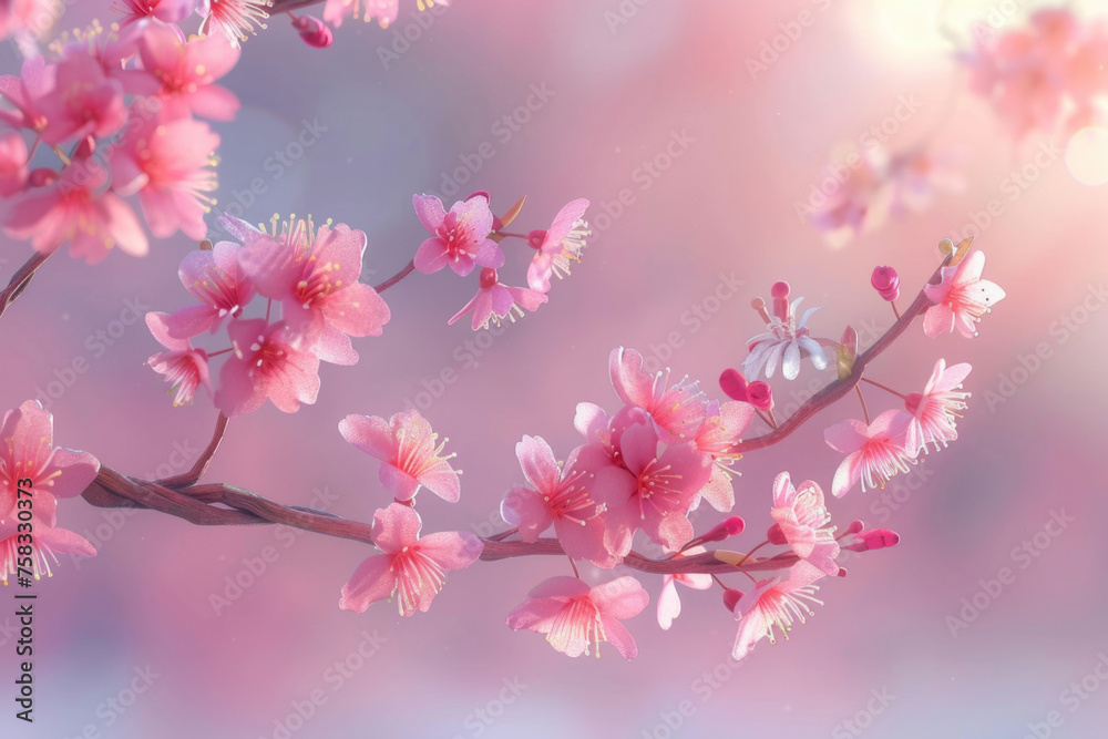 Poster close up shot of a tree branch with pink flowers, suitable for nature and spring themes