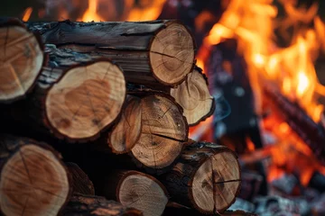 Sierkussen Stack of wooden logs near the bonfire, showcasing the raw material for the fire, wallpaper background © Radmila Merkulova