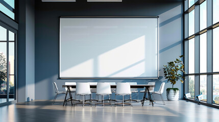 A modern conference room setup, suitable for business presentations