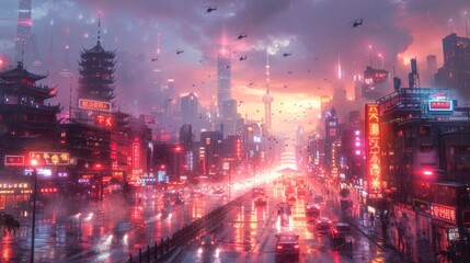 Futuristic cityscape with purple lights, reflecting on water under a violet sky