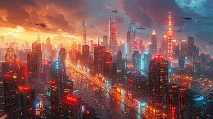 Futuristic city at night with helicopters flying over skyscrapers - obrazy, fototapety, plakaty