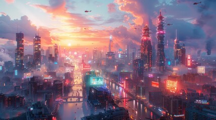 Cityscape of skyscrapers at dusk, with majestic clouds in the atmosphere - obrazy, fototapety, plakaty