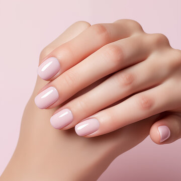 minimalist close-up of natural pink manicure on gray background
