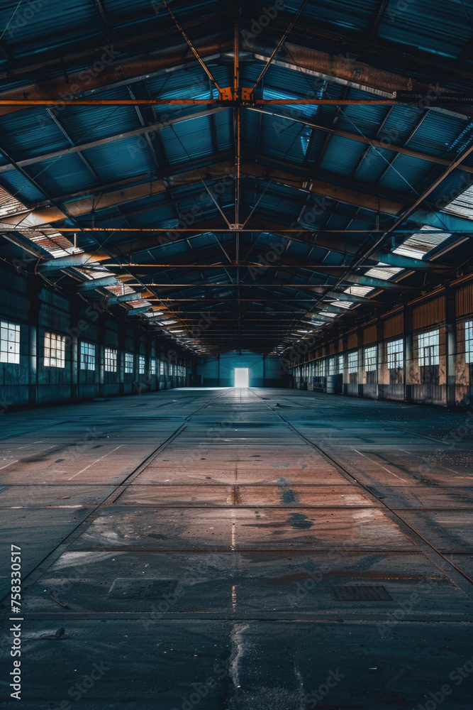 Poster an empty industrial building with lots of windows. suitable for urban exploration or industrial them