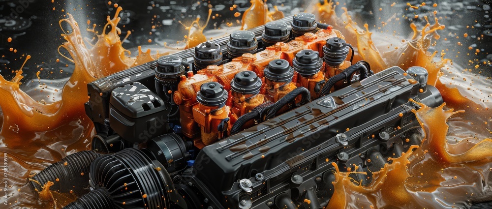 Poster machinery in motion: a close-up of engine oil providing lubrication and precision to the intricate m
