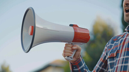 A man holding a red and white megaphone. Suitable for promotional concepts