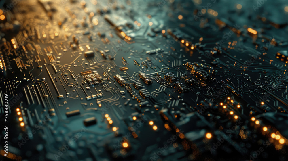 Poster Detailed close up of a computer motherboard. Suitable for technology concepts