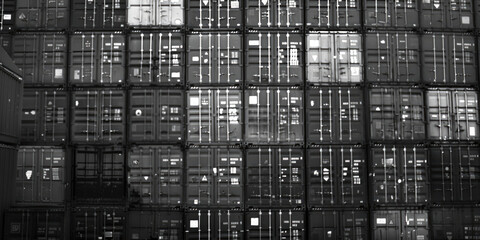 A black and white photo of a group of shipping containers. Ideal for industrial, transportation, or logistics concepts
