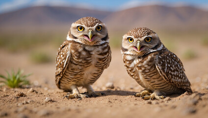 Two owls are sitting on the ground looking at the camera.