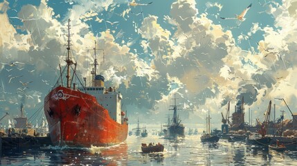 A big red ship sits in the harbor among a sea of boats - obrazy, fototapety, plakaty