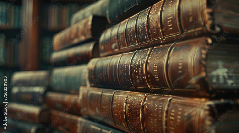 Poster a stack of books sitting on top of a wooden shelf. suitable for educational or library concepts