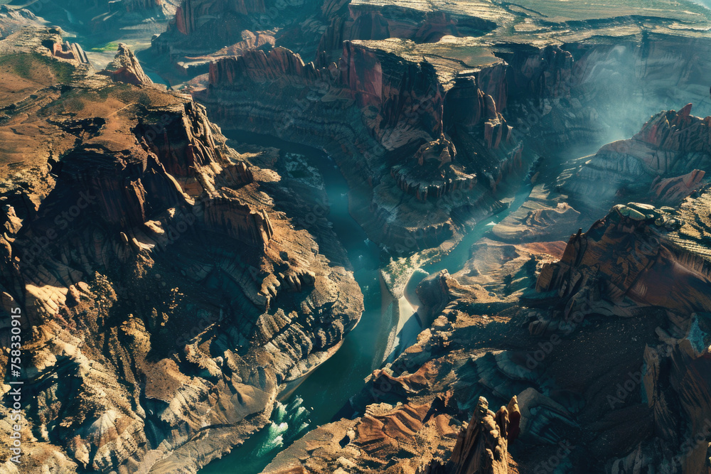 Poster aerial view of a river flowing through a majestic canyon. ideal for nature and travel concepts