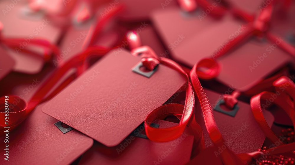 Poster Red tags tied with a ribbon, suitable for various uses