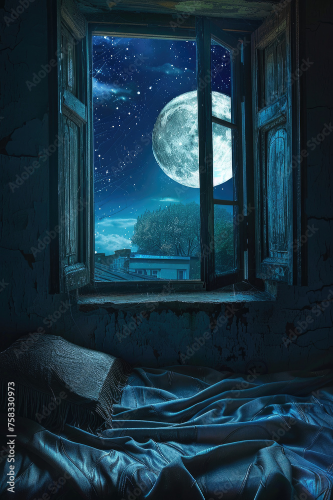 Poster a window with a view of a full moon. suitable for night sky or celestial themes