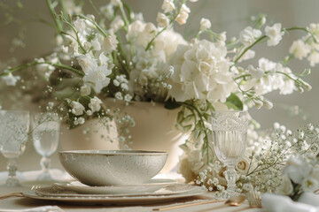 A table setting with a bowl of flowers and plates. Suitable for home decor or dining themes