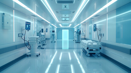 Modern Hospital Corridor with Medical Equipment - obrazy, fototapety, plakaty