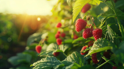 Fresh raspberries growing in a field, ideal for food and agriculture concepts - obrazy, fototapety, plakaty