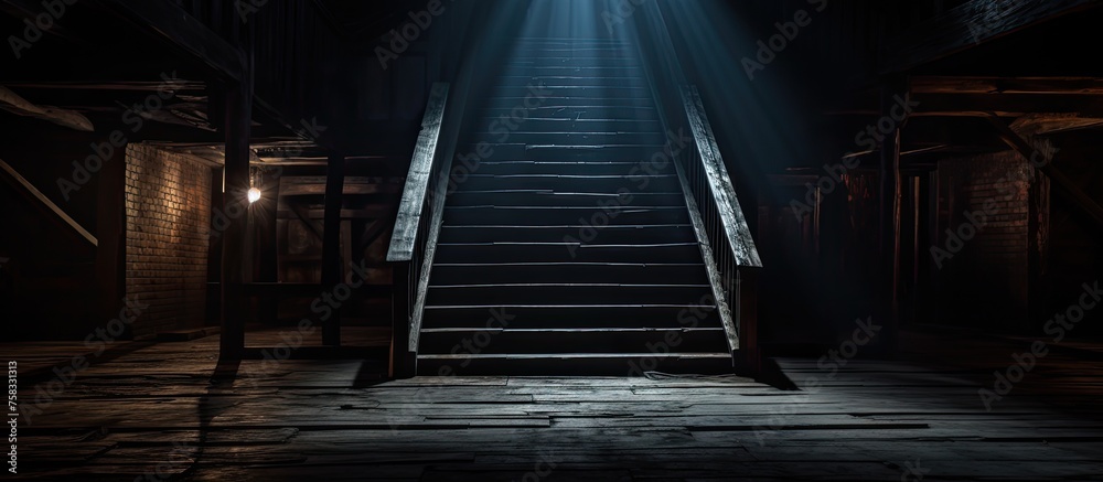 Sticker A dimly lit room with wooden stairs leading to the top at midnight. The darkness creates a symmetrical atmosphere, with a handrail for support