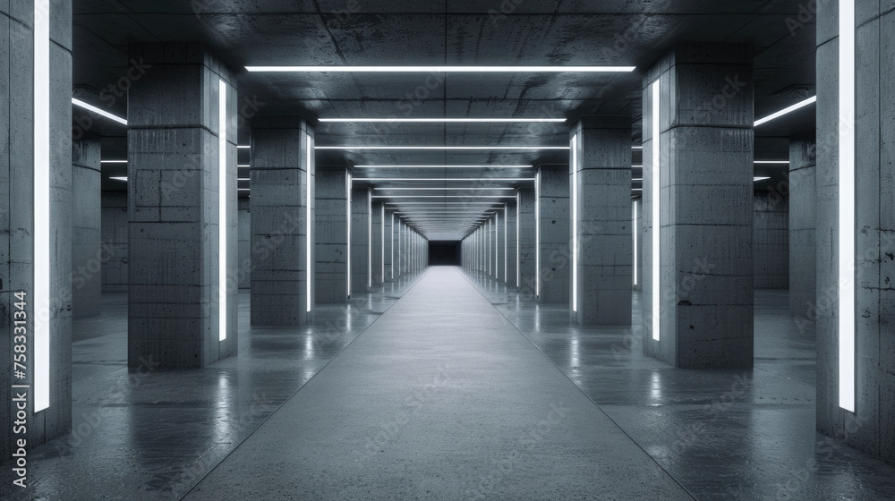 Poster a long hallway with lights shining in the middle. suitable for various indoor settings