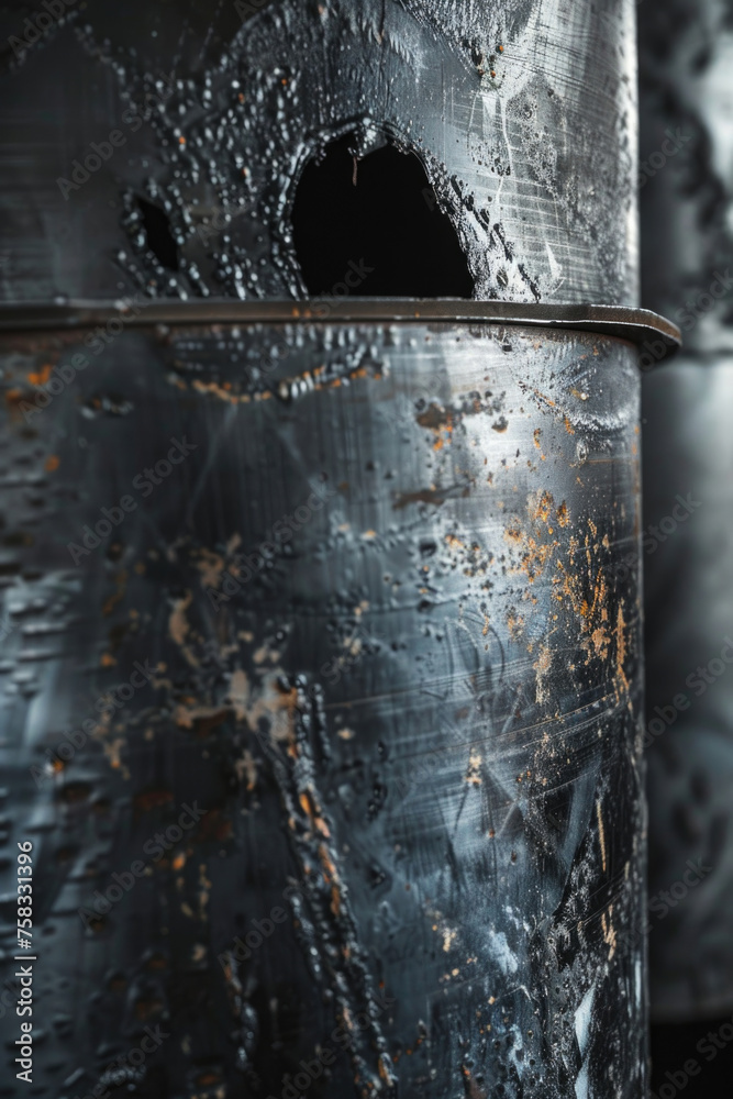Poster detailed image of a metal container with a hole. suitable for industrial concepts