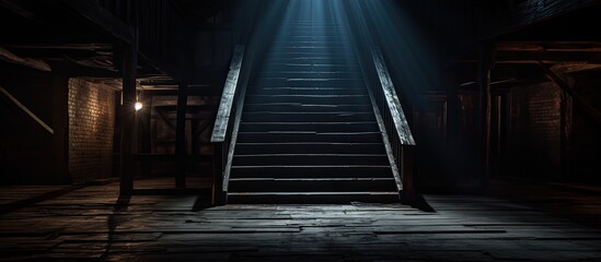 A dimly lit room with wooden stairs leading to the top at midnight. The darkness creates a...