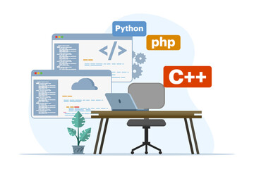 Web development concept. programming language. css, html, it, ui. laptop or computer and Programmer developing website, coding. flat vector illustration on white background.