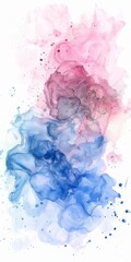 Ethereal watercolor blend with delicate pink and deep blue tones swirling over a pristine white background.