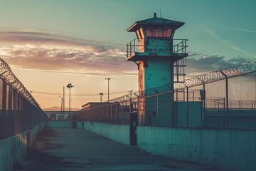 Isolated guard watch tower standing tall in the prison complex - obrazy, fototapety, plakaty