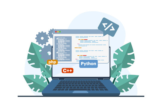 Web development concept. programming language. css, html, it, ui. laptop or computer and Programmer developing website, coding. flat vector illustration on white background.