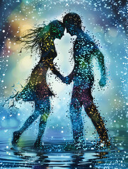 Ein verliebtes Paar tanzt im Sternenregen einen ausgelassenen Tanz. KI generiert. - 758331749