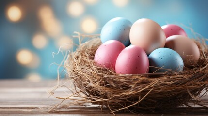 Fototapeta na wymiar Easter holiday celebration background with colorful eggs and spring flowers for festive season decor