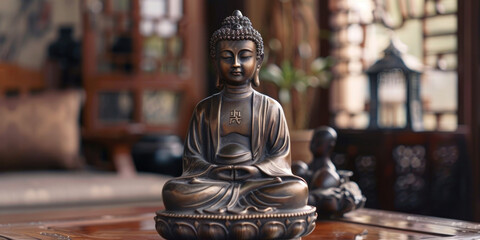 A serene Buddha statue sitting on a table. Suitable for spiritual and meditation concepts