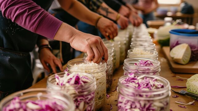 hands-on workshop scene where participants are shown packing shredded cabbage into jars, illustrating the traditional method of making sauerkraut