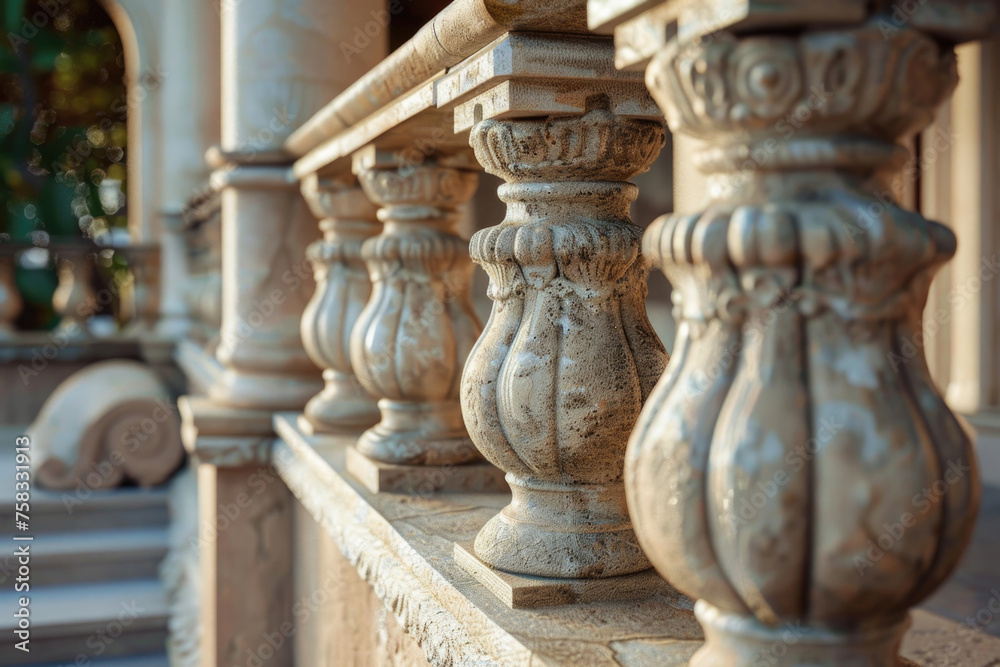 Poster A close up of a railing with a building in the background. Suitable for architectural and urban themes