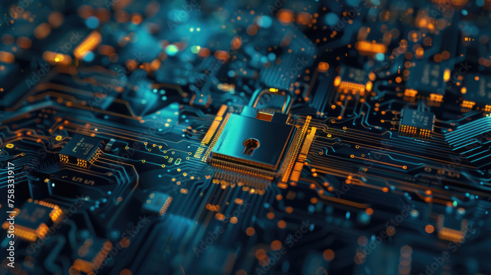 Aufkleber Close up of a circuit board with a padlock, suitable for technology and security concepts