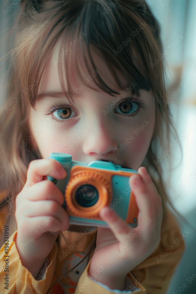 Poster a little girl taking a picture with a camera. suitable for various design projects